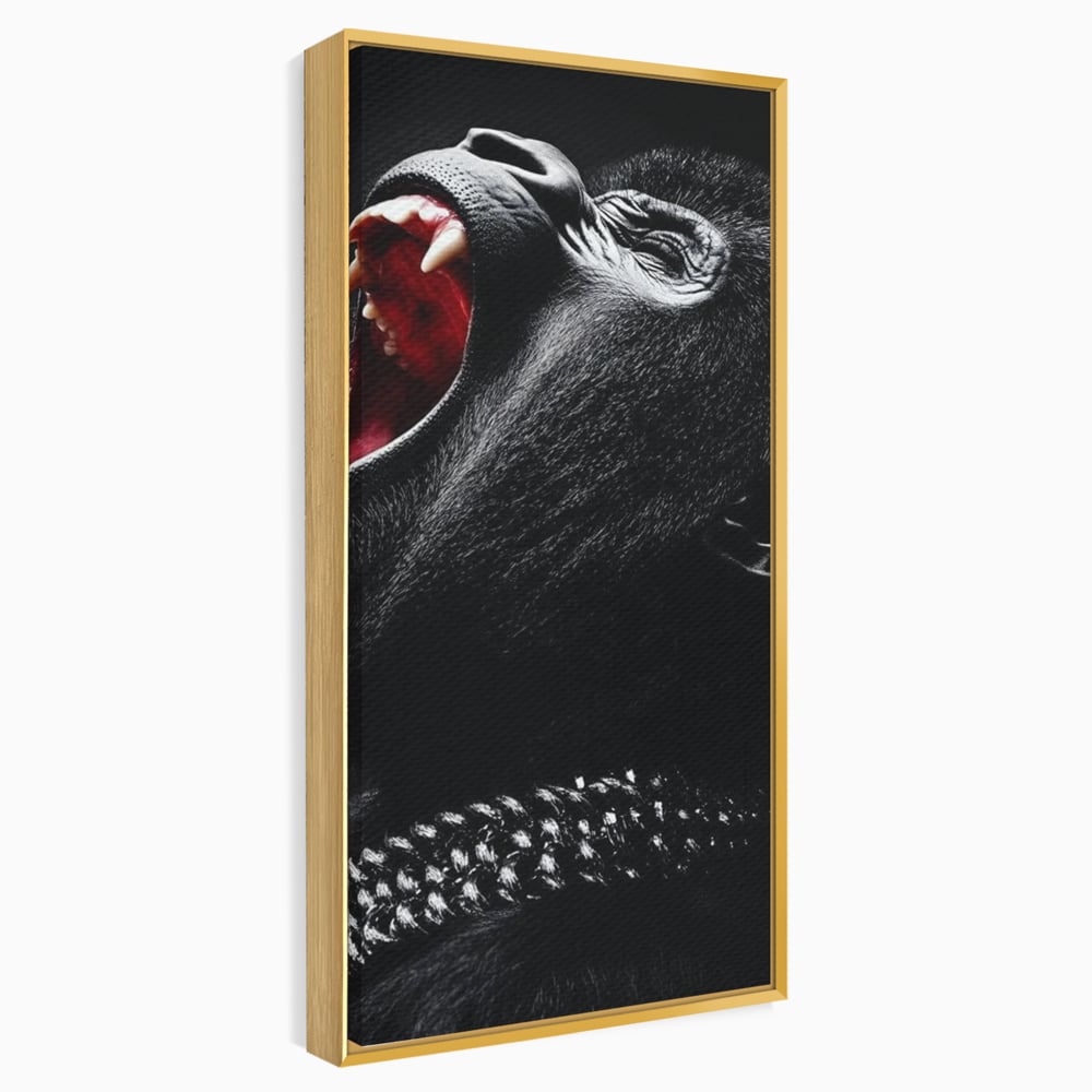 Tablou canvas cu tablou canvas cu gorila furioasa, in rama de aluminiu auriu
